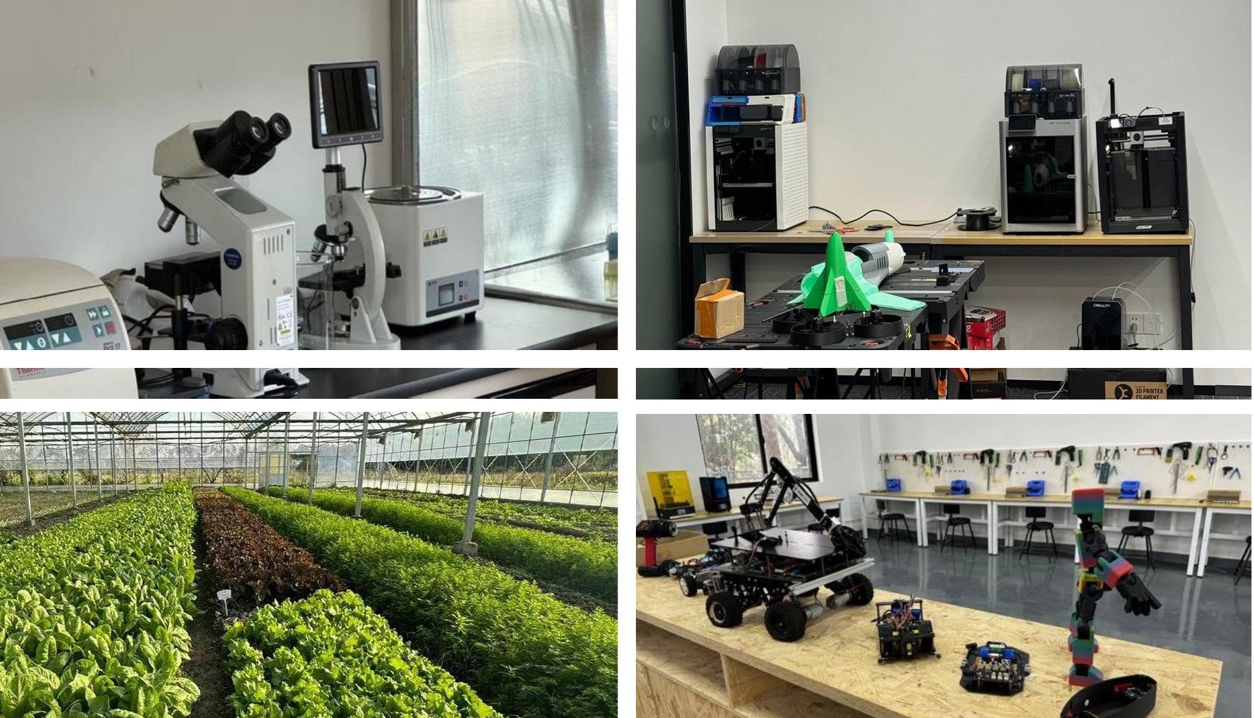KeenYouth lab and farm facilities with microscopy, 3D printing, robotics and plant research spaces